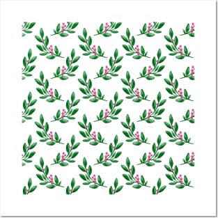 Simple watercolor green branches with pink berries pattern Posters and Art